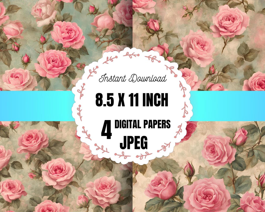 Pink Rose Digital Paper, Junk Journal Pages, Floral Ephemera Paper ...