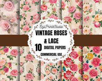 Pode incluir: Um pacote de papel digital com 10 padrões de rosas vintage e renda. Os padrões são em tons de rosa, branco e creme. O texto "Vintage Roses & Lace 10 Digital Papers Commercial Use" é exibido em uma faixa marrom.