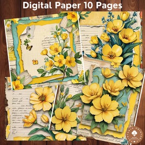 Papel digital com fundo de flores amarelas, fundo de arte com flores amarelas, papel floral amarelo ilustrado, papel amarelo com flores pequenas