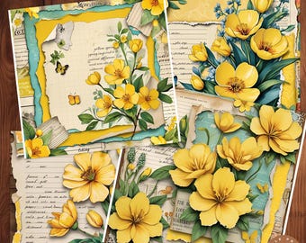 Gele bloemen achtergrond digitaal papier, gele bloemen kunst achtergrond, geel geïllustreerd bloemenpapier, geel papier met kleine bloemen