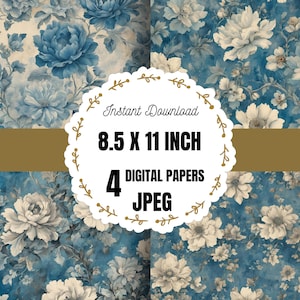 Watercolor Blue Floral Digital Paper, Country Printable Paper, Scrapbook Paper Blue, Nursery Junk Journal, Floral Journaling Paper