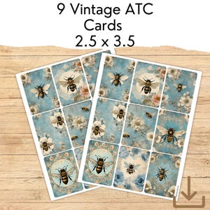 Digital Vintage Bee ATC Cards, Digital Bee Art Downloads, Vintage Bee Illustration Prints, Printable Insect Art for ATCs, Blue Bee Cards, 9