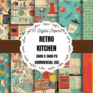 Puede incluir: Diez papeles digitales con temática de cocina retro. Los diseños incluyen cerezas, electrodomésticos de cocina y patrones florales. Se muestra el texto "Retro Kitchen" y "Commercial Use". Tamaño: 3600 x 3600 px.