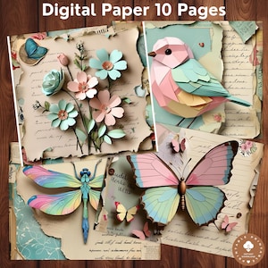 Digital Bird Paper Pack, Vintage Bird Scrapbook Paper, Pastel Bird Digital Paper, Bird Printables For Junk Journals, Bird Backgrounds