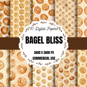 Könnte beinhalten: Eine Sammlung von zehn digitalen Papieren mit sich wiederholenden Bagel-Mustern in verschiedenen Beige- und Brauntönen. Das weiße Etikett in der Mitte zeigt den Text 10 Digital Papers, BAGEL BLISS, 3600 X 3600 PX und COMMERCIAL USE in Schwarz.