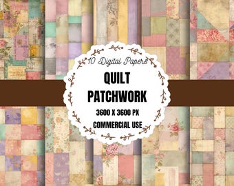 Papel digital para patchwork, fondos digitales con patrones de patchwork, papel imprimible para tela de patchwork, papel vintage para scrapbooking.