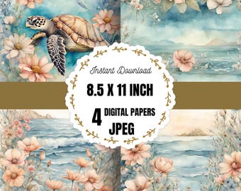 Turtle Watercolor Digital Paper, Beach Background Digital Paper, Turtle Digital Download Paper, Turtle Background Paper, Marine Animal