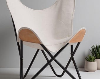 Handmade White Canvas Butterfly Chair: Black Iron Frame
