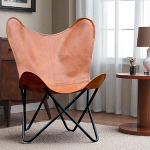 Brown Leather Butterfly Chair: Folding Iron Frame, Retro Style
