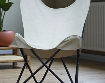 Handmade White Canvas Butterfly Chair: Black Iron Frame