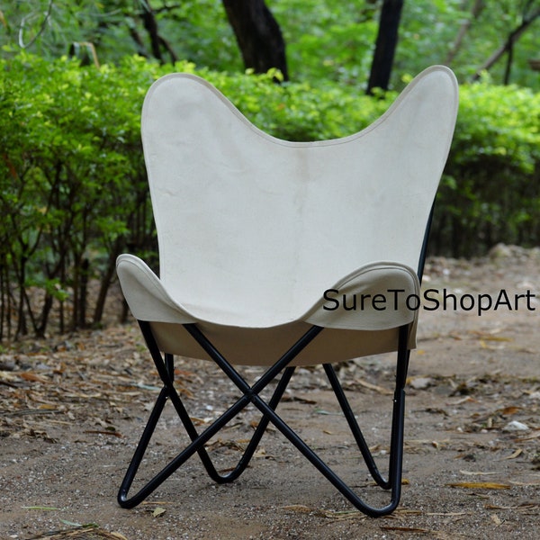 Weißer Segeltuch-Schmetterling-Stuhl mit schwarzem Eisen-Klapprahmen, einfach zu montieren, bequemes Zuhause / Wohnzimmer / Garten / Terrassenstuhl / Campingstuhl