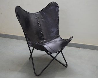 Leather Butterfly Chair: Handmade Black Cover, Black Frame