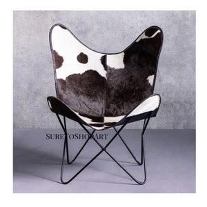 Mid Century Leather Butterfly Chair, Hair-On Leather Cover With Folding Black Iron Frame