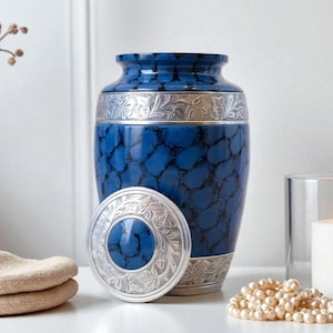 Large Cremation Urn for Human Ashes: Blue Funeral Memorial Urn