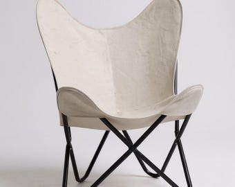 White Canvas Butterfly Chair: Black Iron Folding Frame