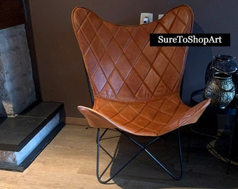 Retro Leather Butterfly Chair, Leather Cover With Foldable Iron Base, Mid-Century Furniture, Halloween Gift