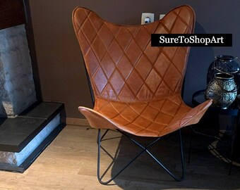 Retro Leather Butterfly Chair, Leather Cover With Foldable Iron Base, Mid-Century Furniture, Halloween Gift