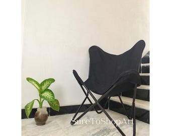 Black Canvas Butterfly Chair: Folding Iron Frame, Easy Assembly