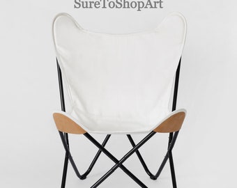 Handmade White Canvas Butterfly Chair: Black Iron Frame