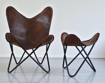 Handmade Vintage Leather Butterfly Chair & Ottoman Set