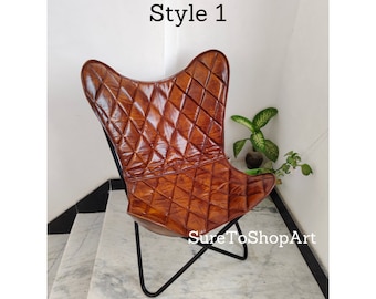 Leather Butterfly Chair: Brown Padded Cover with Iron Frame