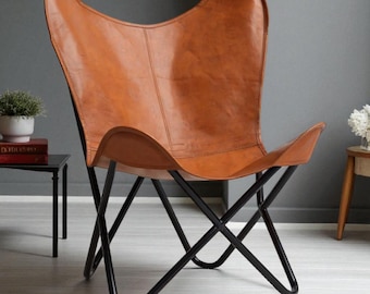 Silla Butterfly de cuero, con funda de cuero y estructura de hierro desmontable (marrón)