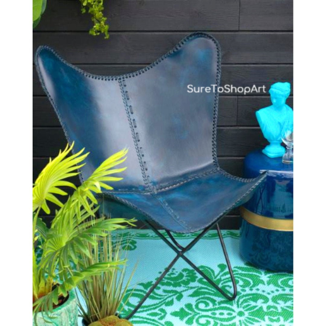 Leather Butterfly Chair Blue Butterfly Seat With Black Etsy