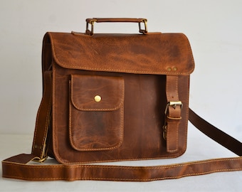 Leather Messenger Bag, Personalized Leather iPad Bag, Rustic Brown Satchel Sling Bag, Unisex Leather Shoulder Bag