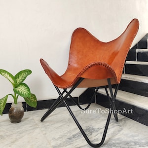 Butterfly Chair, Leather Butterfly Cover With Folding Iron Black frame, Tan Brown Replacement Butterfly cover