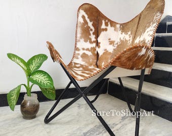 ブラウンレザーバタフライチェア：ローズゴールド折りたたみフレーム