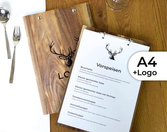 A4 menu made of solid wood with logo and ring binder mechanism, silver or black