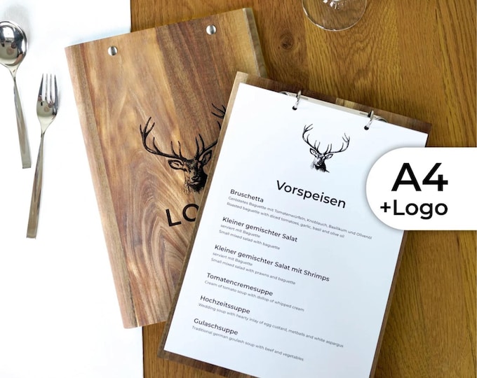 A4 menu made of solid wood with logo and ring binder mechanism, silver or black