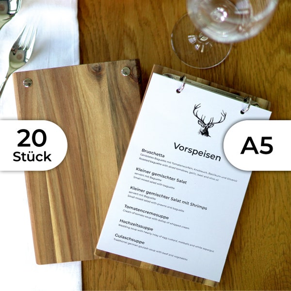 20x A5 menu made of solid wood with ring binder mechanism