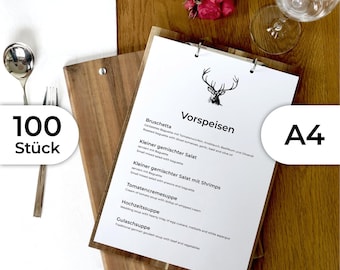 100x A4 menu cards made of solid wood with ring binder mechanism, silver or black