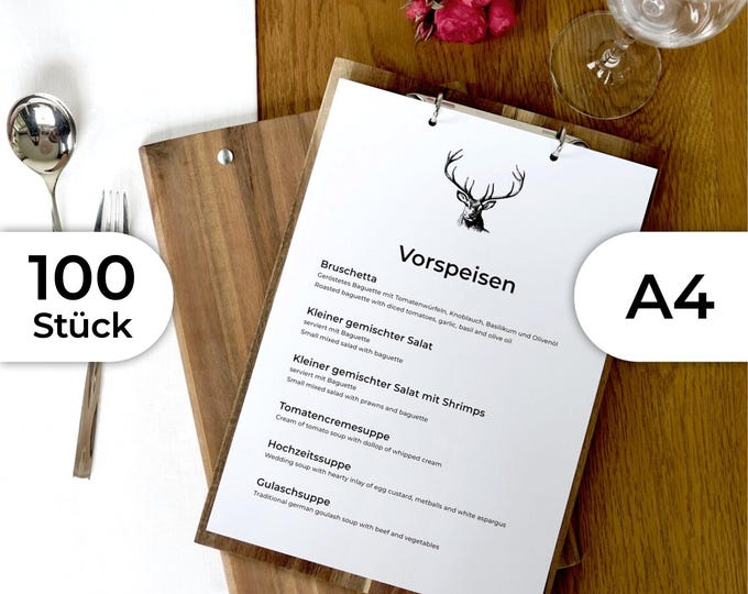 100x A4 menu cards made of solid wood with ring binder mechanism, silver or black
