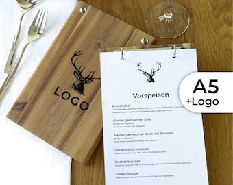 A5 menu made of solid wood with logo and ring binder mechanism, silver or black