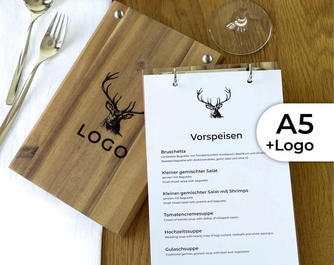 A5 menu made of solid wood with logo and ring binder mechanism, silver or black