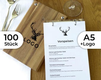 100x A5 menu cards made of solid wood with logo and ring binder mechanism, silver or black