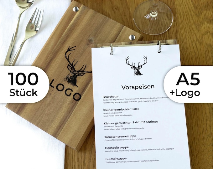 100x A5 menu cards made of solid wood with logo and ring binder mechanism, silver or black