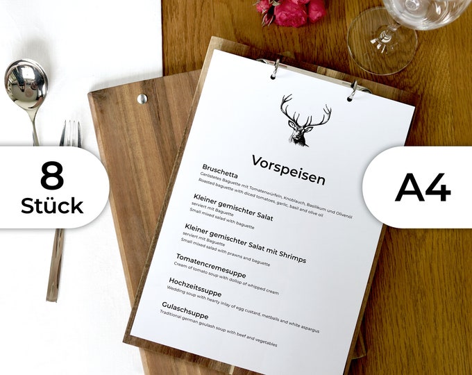 8x A4 menu made of solid wood with ring binder mechanism silver or black