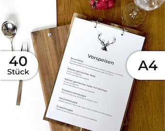 40x A4 menu cards made of solid wood with ring binder mechanism, silver or black