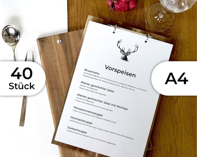 40x A4 menu cards made of solid wood with ring binder mechanism, silver or black