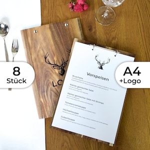8x menu A4 z litego drewna z logo i mechanizmem segregatorowym w kolorze srebrnym lub czarnym