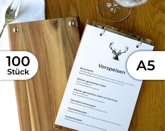 100x A5 menu cards made of solid wood with ring binder mechanism, silver or black