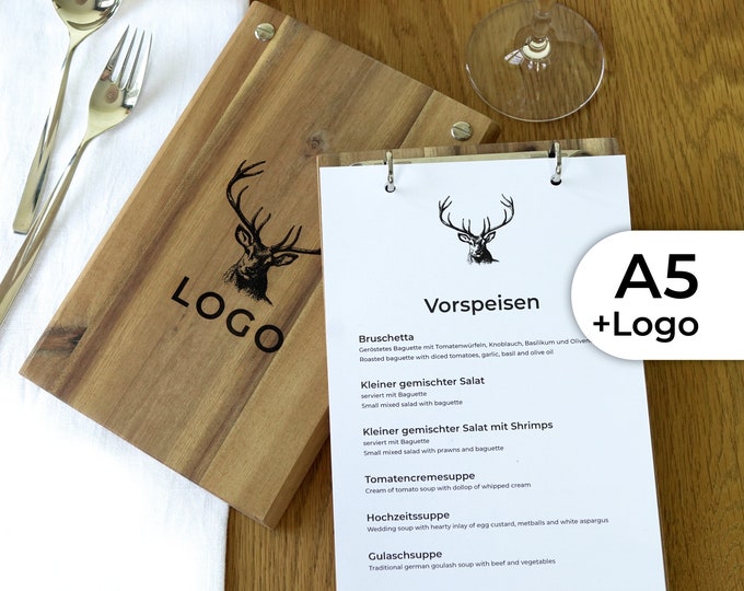 A5 menu made of solid wood with logo and ring binder mechanism in silver or black