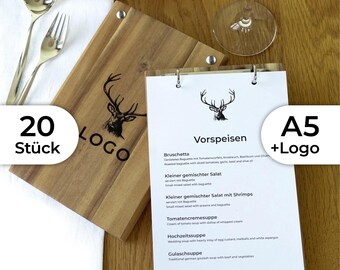 20x A5 menu cards made of solid wood with logo and ring binder mechanism, silver or black