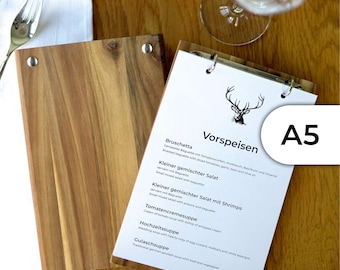A5 menu made of solid wood with ring binder mechanism, silver or black