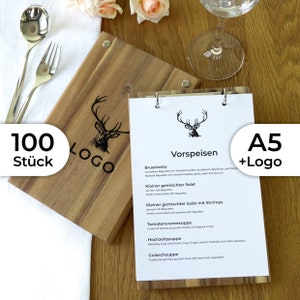 100x menu A5 z litego drewna z logo i mechanizmem segregatorowym w kolorze srebrnym lub czarnym