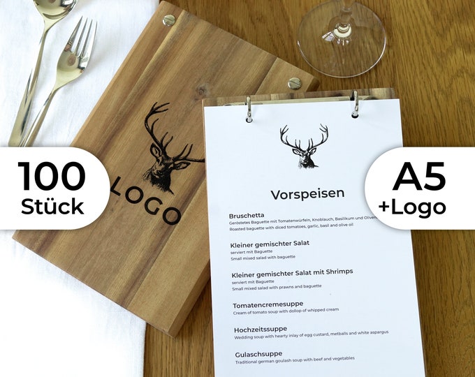 100x A5 menu made of solid wood with logo and ring binder mechanism silver or black