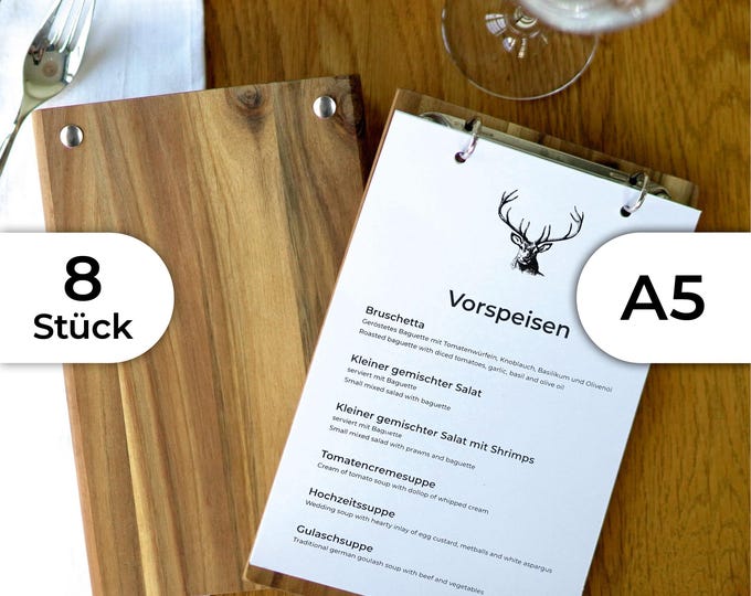 8x A5 menu cards made of solid wood with ring binder mechanism, silver or black